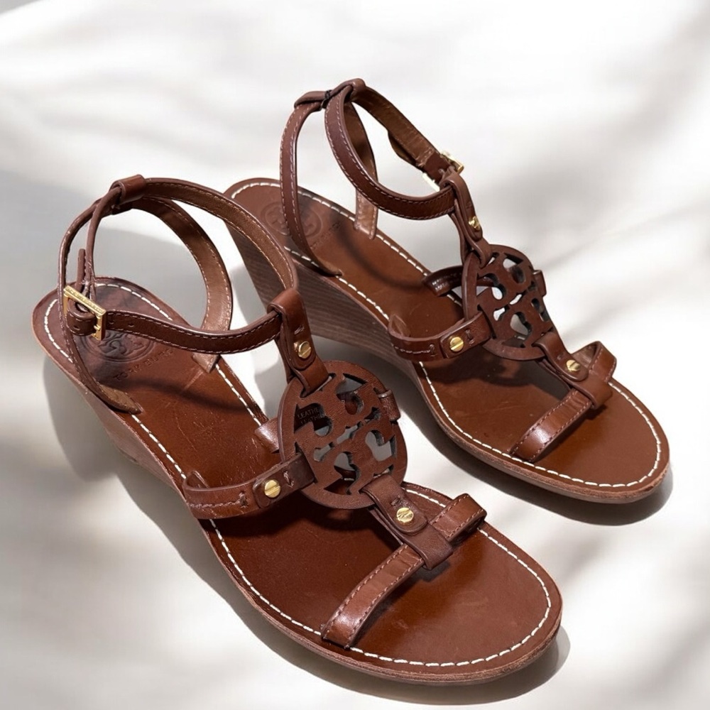 Tory Burch Brown Leather Miller Wedge Sandals size 8.5